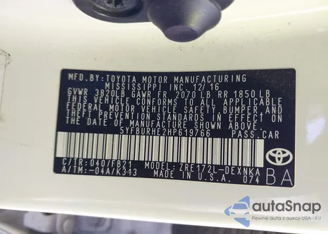 2017 Toyota Corolla Le z USA, uszkodzony, nr VIN 5YFBURHE2HP619766